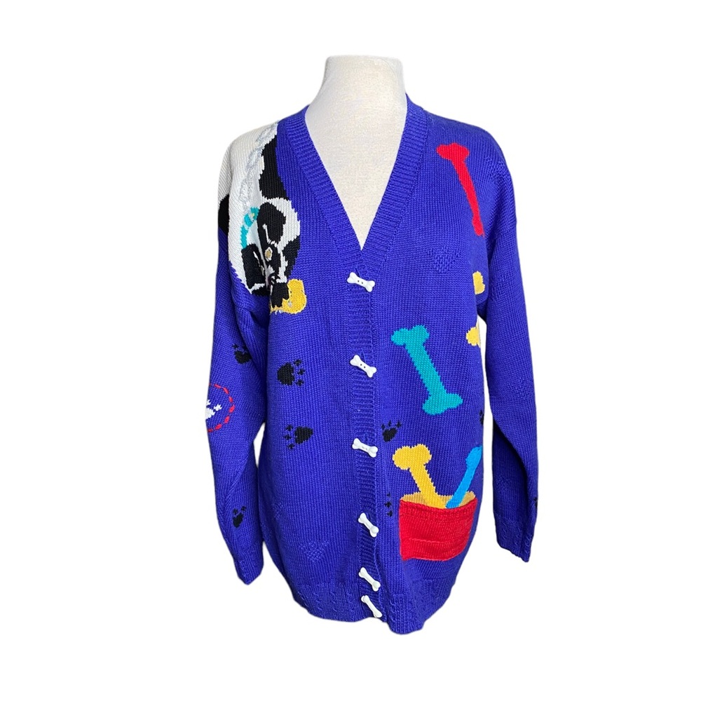 Berek2 Dog Scene Novelty Cardigan, blue red L/S button closure Linen/Cotton  M